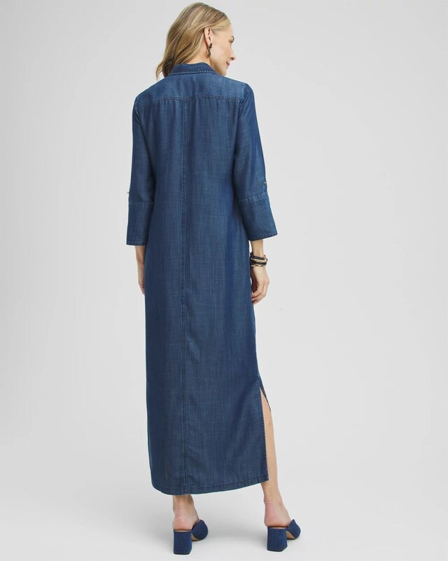 Chambray Roll Tab Floral Maxi Dress - image 3